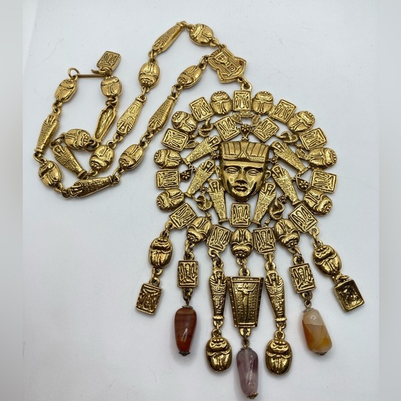 Vtg Goldette Nefertiti Egyptian Gold Tone Medallion w Stones 17” + 7” Drop Rare - Picture 2 of 9